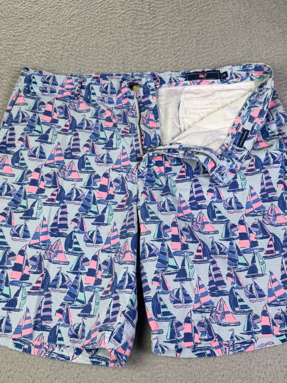 Vineyard Vines Breaker Shorts Mens 36 Blue Sailing Boat AOP Preppy Flat Front